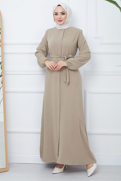 hafsamina Hidden Placket Belted Ferace Beige HM2361