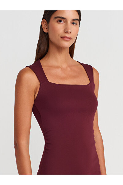 Dilvin 91460 Μίντι Φόρεμα με τετράγωνο λαιμό-Βουργουνδία