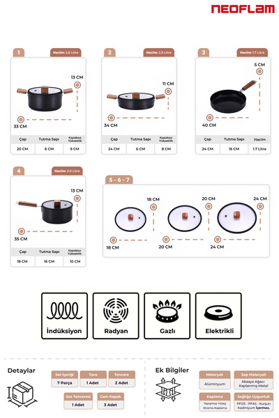NEOFLAM Bıen Alüminyum Döküm Tencere Seti, 7 Parça