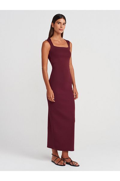 Dilvin 91460 Rochie midi cu guler pătrat-bordeau