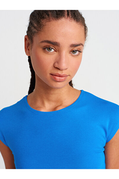 Dilvin 30528 Cotton and Modal Blended Crop Top-Sax