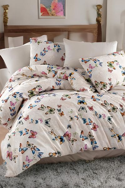 GARDEN ROOM Set cuvertură de pilota unică cu cearșafuri elastice Butterfly Beige
