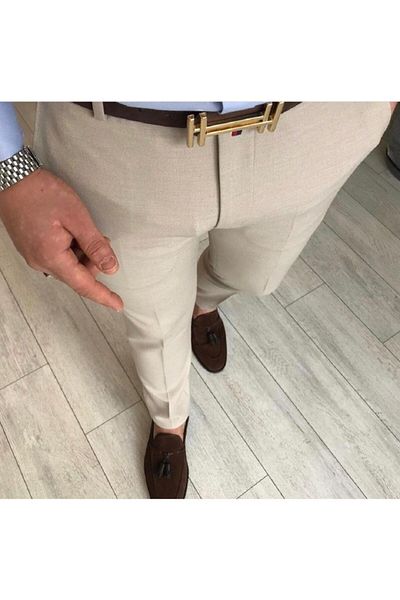 moda biz Ανδρικό μπεζ λινό παντελόνι ιταλικής κοπής Slim Fit