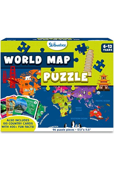 Skillmatics World Map Puzzle - 96 Piece Jigsaw Puzzle, Educational Toy, Geography for Kids, 400+ Fac