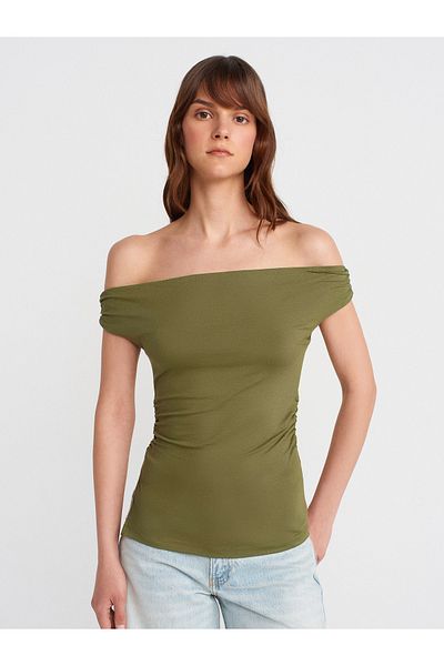 Dilvin 31865 Ανοιχτό ώμο Shirred Top-Light Khaki