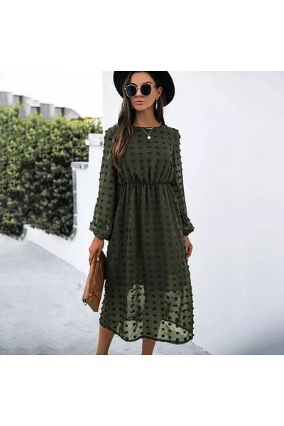 nedo7 Women's Long Sleeve Lining Detail Deal Product Pompom Chiffon Dress