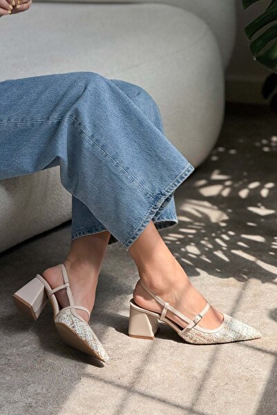 NİŞANTAŞI SHOES Retro barevné Kilim Béžový pásek Detail Špičatá špička Dámské boty na podpatku