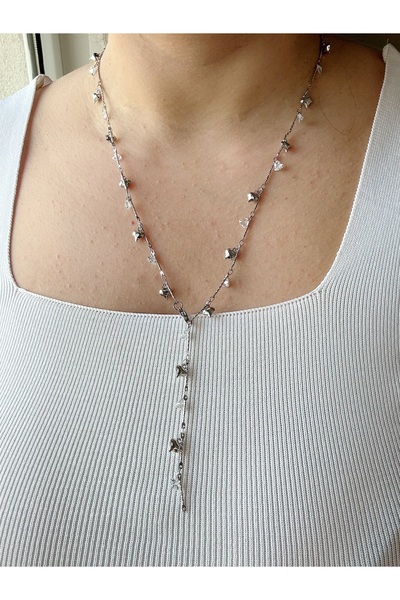 Gümüş sandık Kalpli Taşlı Gümüş Rengi Çelik Y Kolye