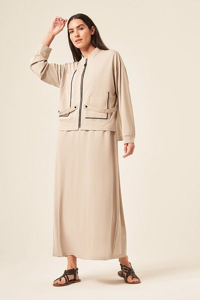 Ceremony Macrame Rope Detailed Bomber Dress Suit 5976 Stone