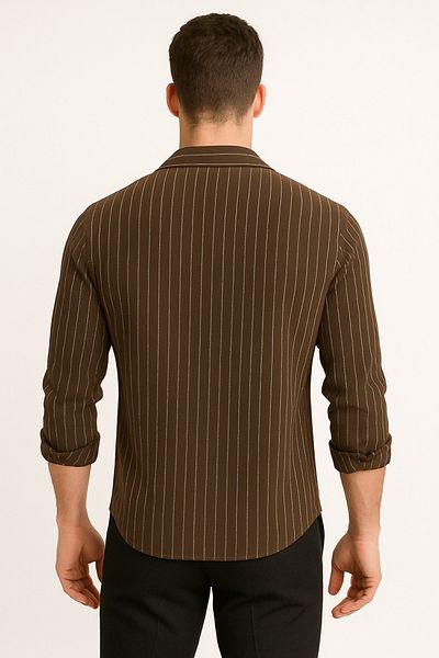 Altamira Men's Brown Striped Zr Crepe Long Sleeve Shirt