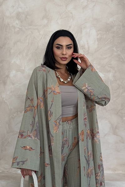 Ortaya Çık Khaki Floral Long Bottom Top Kimono Set