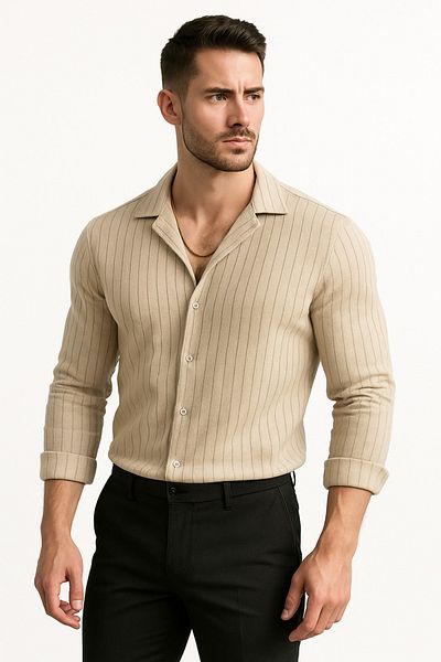 Altamira Men's Beige Striped Zr Crepe Long Sleeve Shirt
