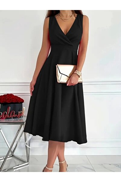 nedo7    فستان نسائي قصير من قماش الكريب المستورد بياقة مزدوجة الصدر بدون أكمام