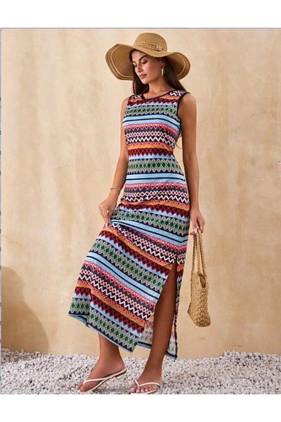 nedo7 Women's Crew Neck Line Pattern Single Jersey Dress