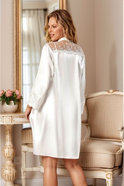 QKK Satin White Lace Detailed Nightgown Dressing Gown Set of 2 F3Q1Ak4Ak3L