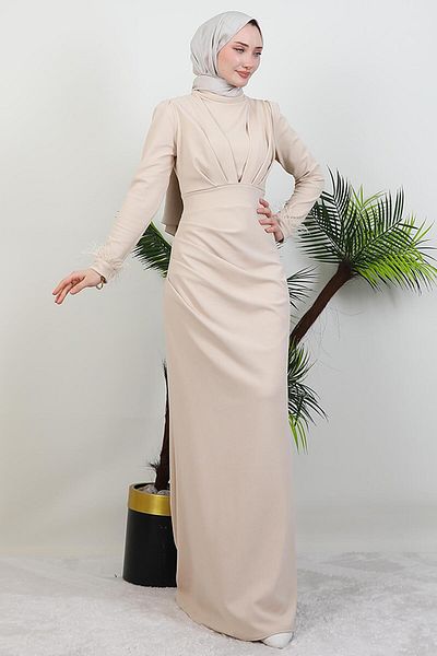 GİYZAMİLA Sleeve Feather Pleat Detail Dress Cream