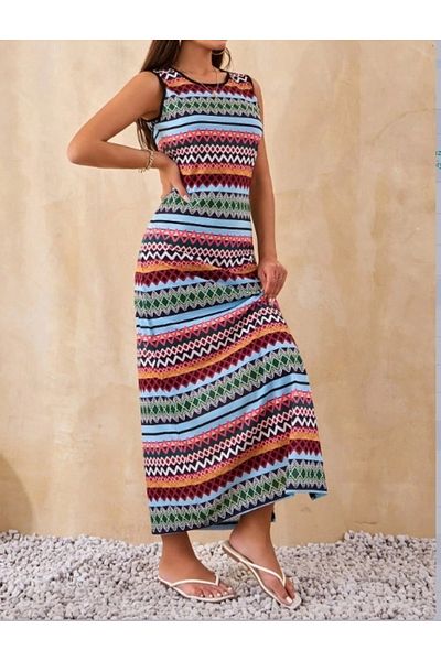 nedo7 Women's Crew Neck Line Pattern Single Jersey Dress