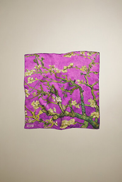 silqoora %100 Ipek Bandana Fular(55X55 CM) - Vincent Van Gogh (BADEM AĞACI MOR)