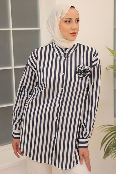 giyze Rose Accessory Striped Shirt Navy Blue 2094