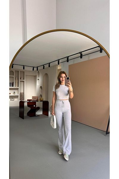 Sezgi Tekin Premium Series High Waist Flared Trousers Crop Melange Gray Suit