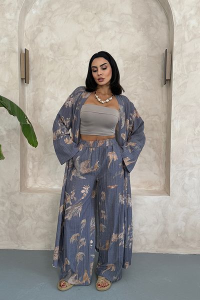Ortaya Çık Gray Floral Long Bottom Top Kimono Set