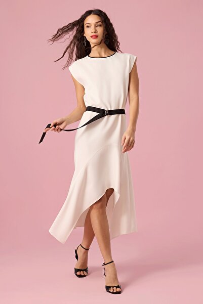 UPGRADE Kuşaklı Asimetrik Elbise Ekru