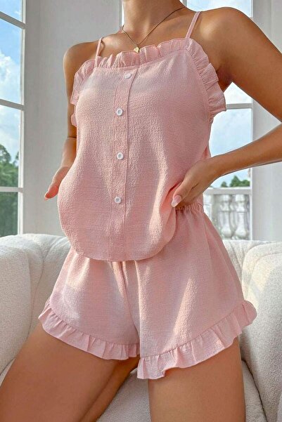 BELLA NOTTE Toz Pembe Süs Düğmeli Fırfırlı Şortlu Pijama Takımı