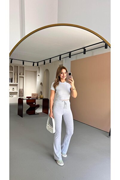 Sezgi Tekin Premium Seri Yüksek Bel İspanyol Paça Pantolon Crop Melanjlı Gri Takım
