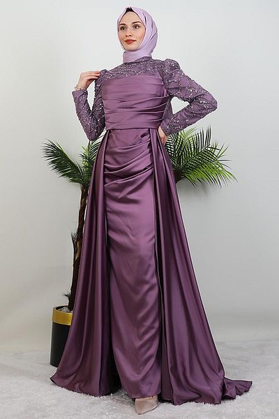 GİYZAMİLA Derya Satin Evening Dress Dark Lilac