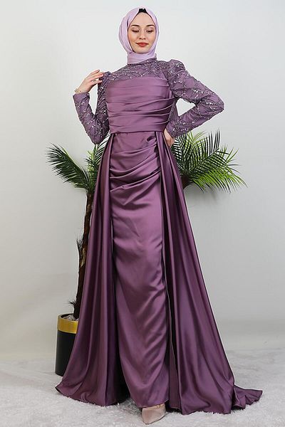 GİYZAMİLA Derya Satin Evening Dress Dark Lilac