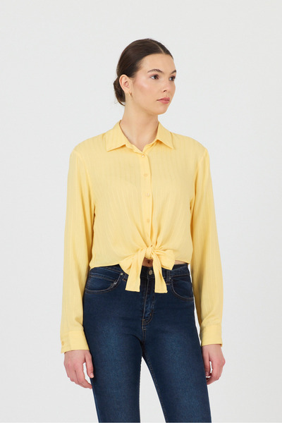 ÖNDER MODA قميص نسائي أصفر بربطة أمامية وأكمام طويلة