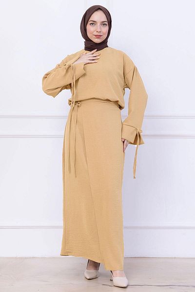 hafsamina Side Tie Ayrobin Skirt Suit Beige Hm2738