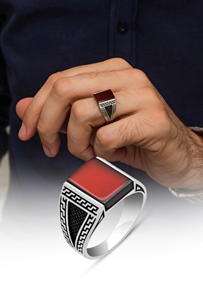 ALYANSEVİM Kare Akik Taşlı Grek Motif 925 Gümüş Erkek Yüzük