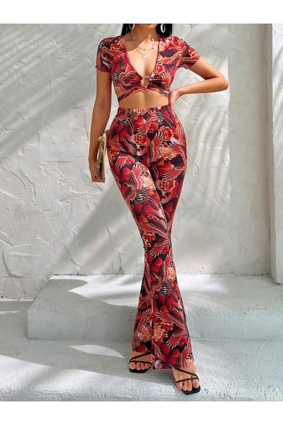 ALPACO Short-Sleeved Patterned Bottom Top Set