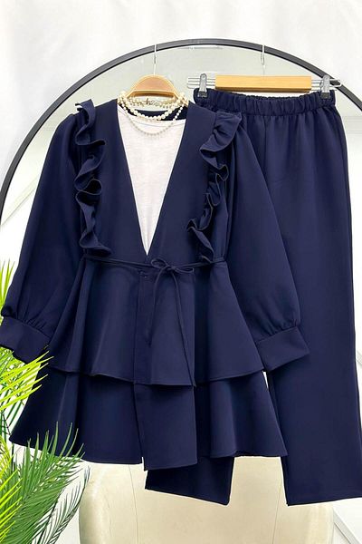 Lucia Fashion Frilly Belted Tunic Trousers Double Set