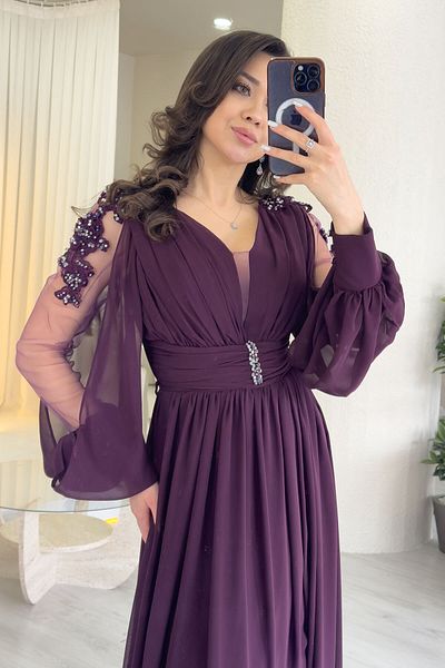 zks grup tekstil Rochie de seară din șifon cu mâneci din guipur pentru femei alb, roșu, violet