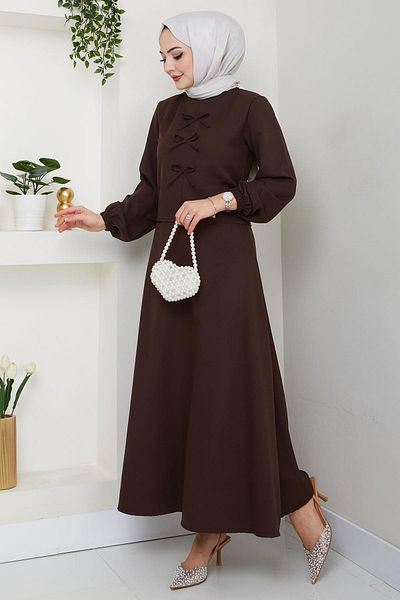 hafsamina Double Suit with Bow Front and Skirt Brown Hm2705