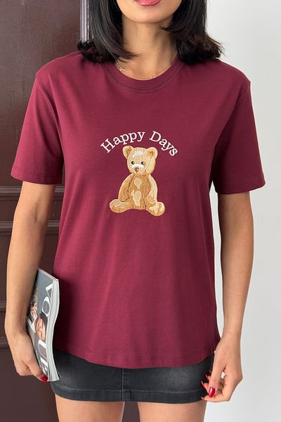 Ortaya Çık Burgundy Happy Days Embroidered Basic T-Shirt