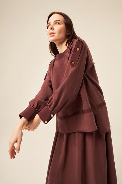 Ceremony Buttoned Garnished Skirt Suit with Epaulette Shoulders 5958 Red Brown