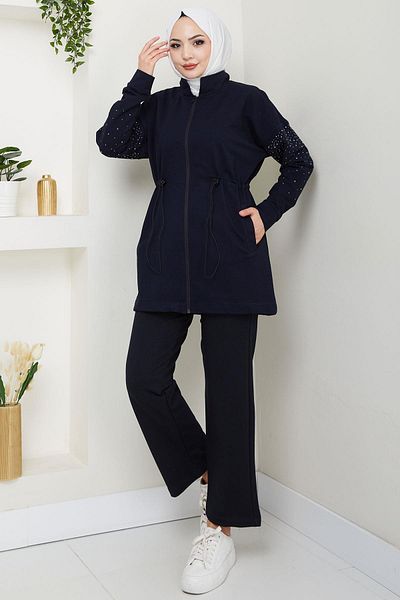 hafsamina Lace-Up Suit with Stones on the Sleeves and Waist Navy Blue Hm2718