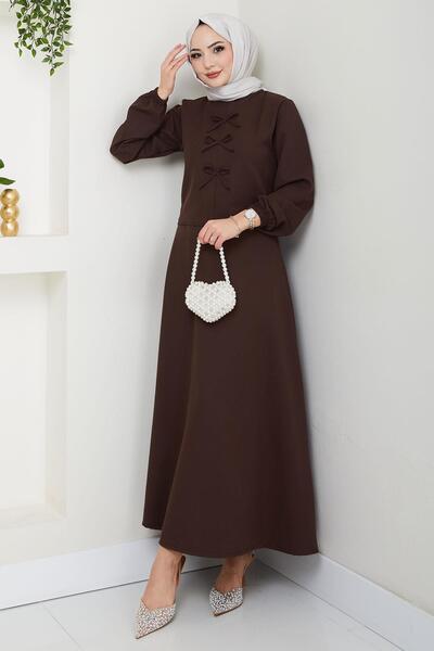 hafsamina Διπλό Σετ με Φούστα Μπροστά Φιόγκο Καφέ HM2705