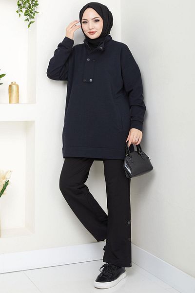 hafsamina Snap Detailed Suit Navy Blue Hm2719