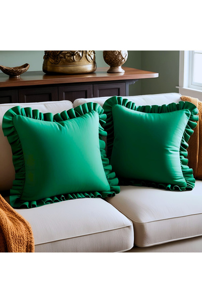 Bc Home 2-Piece Pine Green Country Frilly Square Throw Pillow Cover Soft Text...