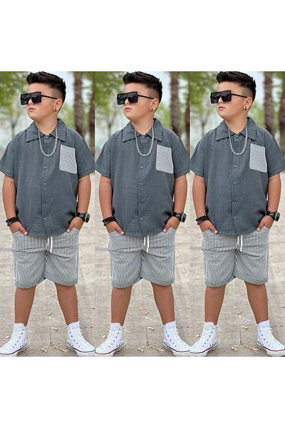 Burçak Butik Boys Summer Linen Fabric Shorts with Pockets and Short Sleeve Shirt Bottom Top Eid Suit