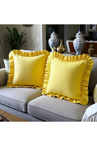 Bc Home 2-Piece Yellow Country Frilly Square Throw Pillow Cover Soft Textured...