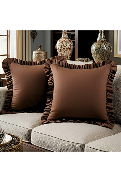 Bc Home 2'li Kahverengi Country Fırfırlı Kare Kırlent Kılıfı Yumuşak Dokulu V...