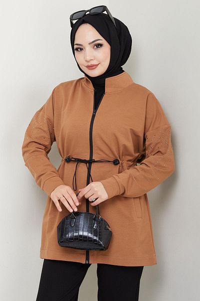 hafsamina Lace-Up Suit with Stone Handle and Waist Camel Hm2718