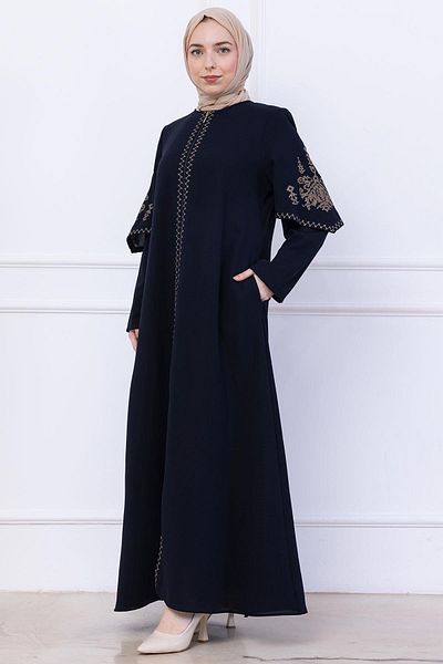 hafsamina Embroidery Detailed Ferace Navy Blue Hm2733