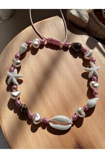 Amabel Jewelerys Pink Women's Anklet with Mussel Shell, Pearl and Starfish Detail