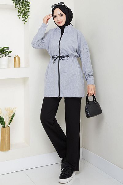hafsamina Sleeve Stone Waist Laced Suit Gray Hm2718